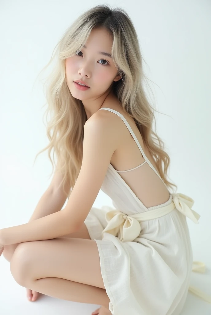 Super beautiful Chinese female model, thin, fair skin, very long light flaxen hair with a little wavy texture in her hair, wearing a white suspender gauze skirt, squatting sideways on the ground, looking at the camera, her eyes empty and quiet, real Portrait style, ethereal and quiet atmosphere, white simple background, professional studio shooting, fashion magazine cover