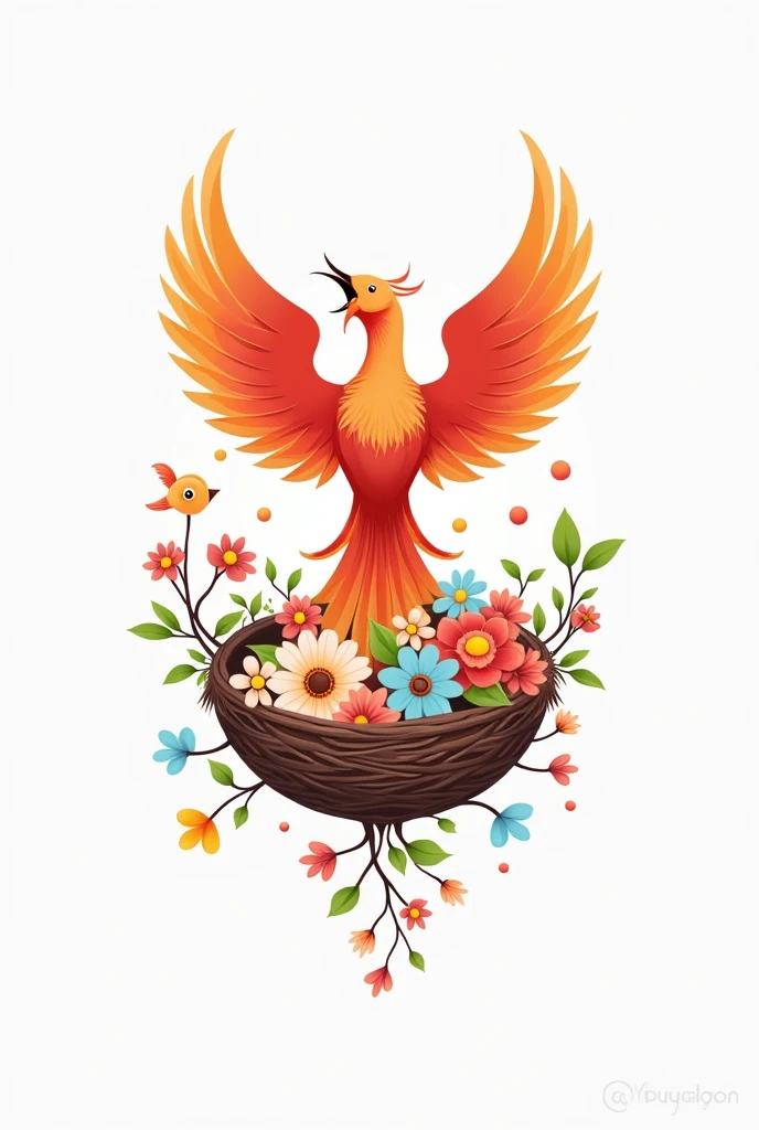 Logotip for channel name- Sayyora's Language Nest. Created with Phoenix bird and beautiful nest decorated with flowers and little birds. It should be modern