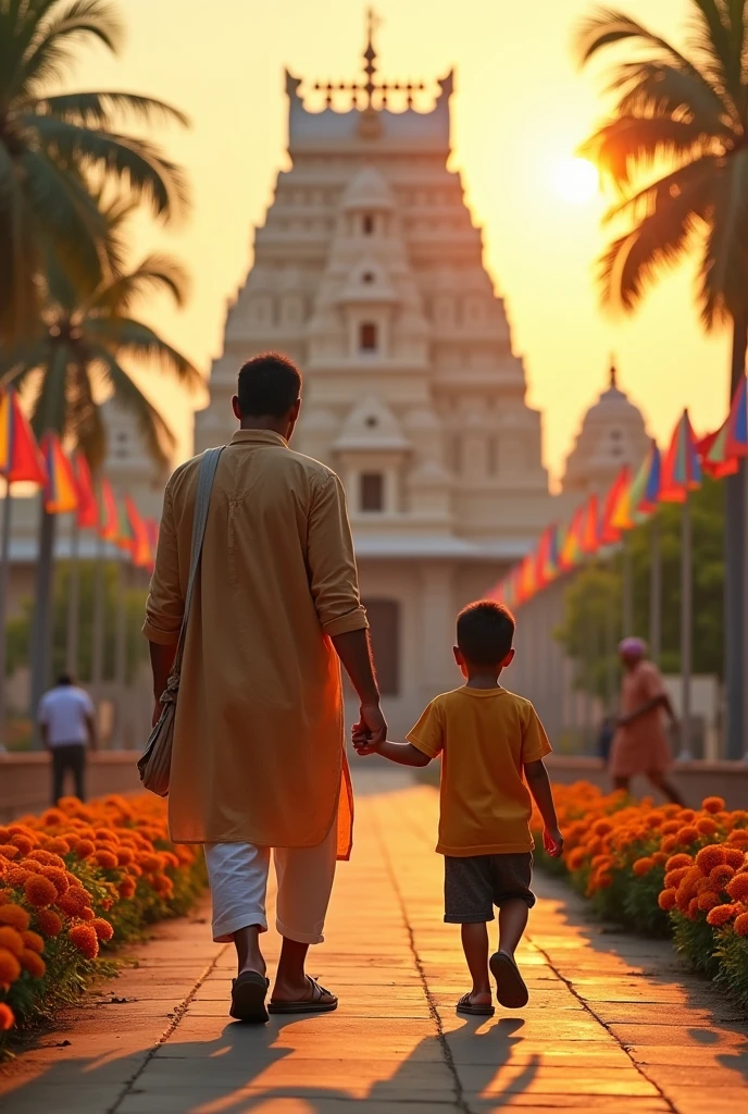 An desi Indian father and son returning from a temple. And talking each other. Background a indian temple
