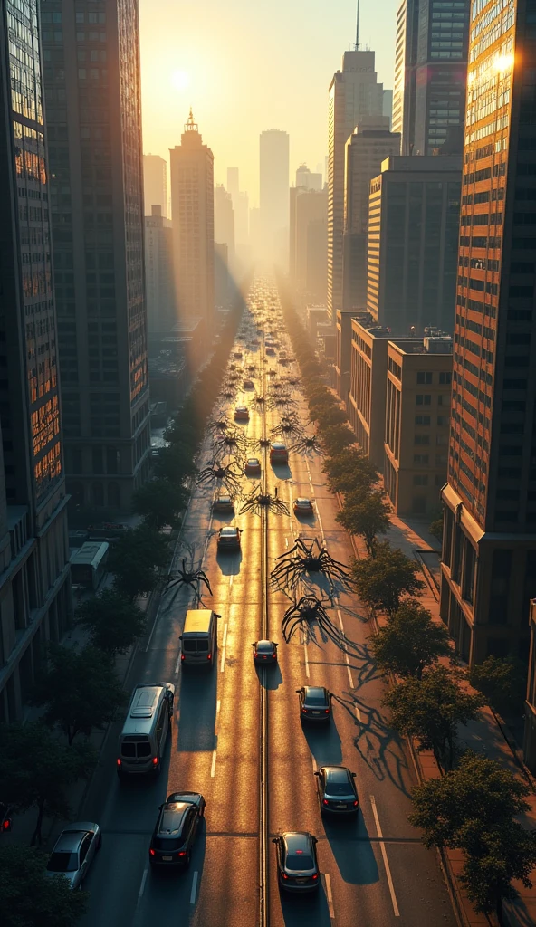 Image In the city in the morning in the middle of the road tall buildings . Top view looking down on the road The scene is shaking There is a deep crack under the road .underground space cracks hundreds of giant spiders crawled out from the cracks including spiders as big as cars from the gate, giant spiders, taller than the building, tràn ra và bắt đầu tấn công thành phố. They cover the buildings with cobwebs., vehicles and streets, cause chaos.