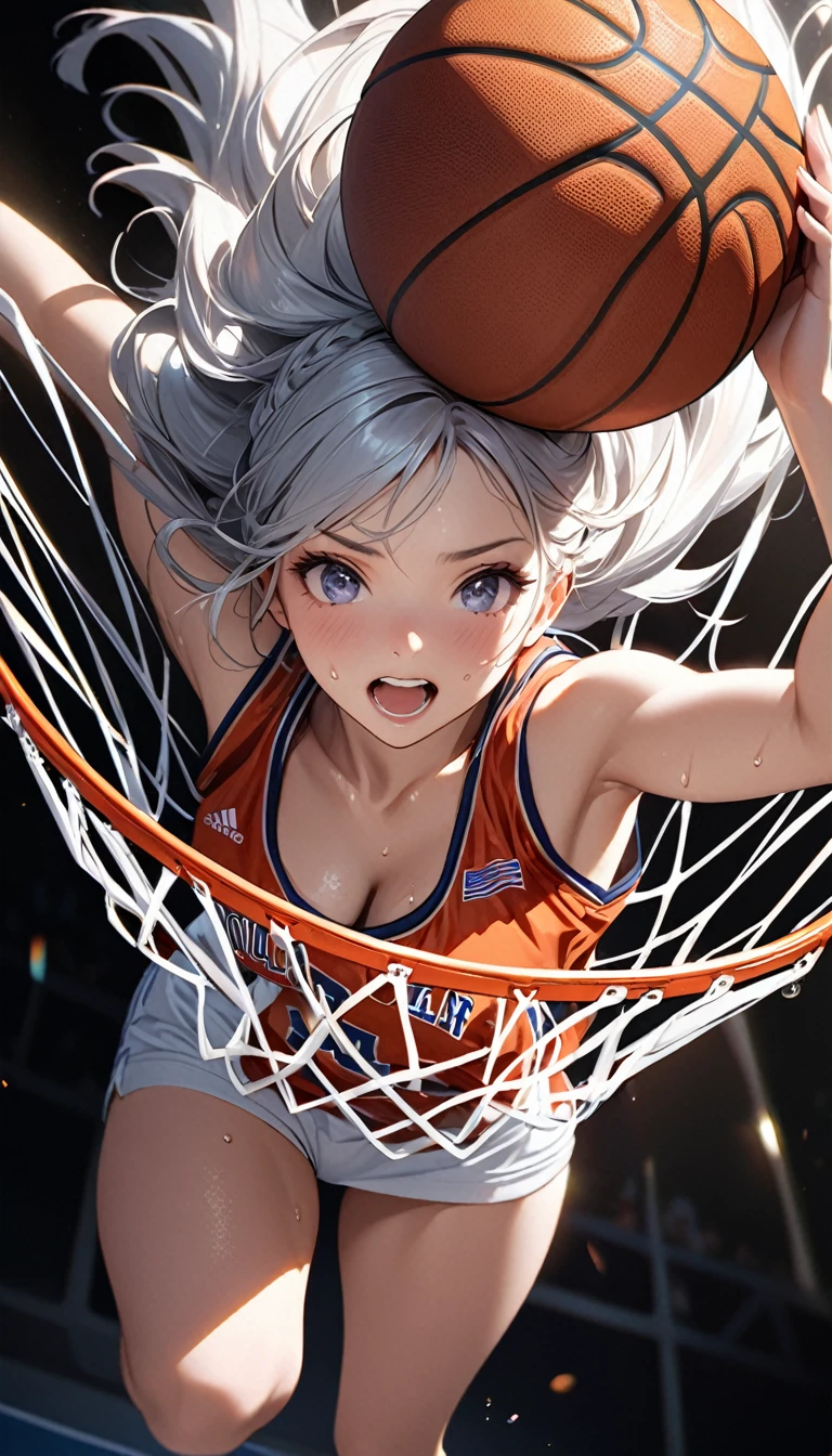 Highest quality, Highest quality, High quality illustrations, masterpiece, Ultra-high resolution, Detailed Background, Absurd, Perfect Anatomy, performance, Good lighting, Shadows in the movies, 1 girl, solo, mualani_\(genshin_impact\), alternate costume, medium breasts, action pose, dunking a ball through the hoop, slam dunk, In a gym, playing basketball, wearing a basketball uniform, dunking a ball through the hoop, hair in a ponytail, lean athletic build, Red uniform with white details, bewitching thighs, gleaming, shiny skin, shiny, two beautiful legs