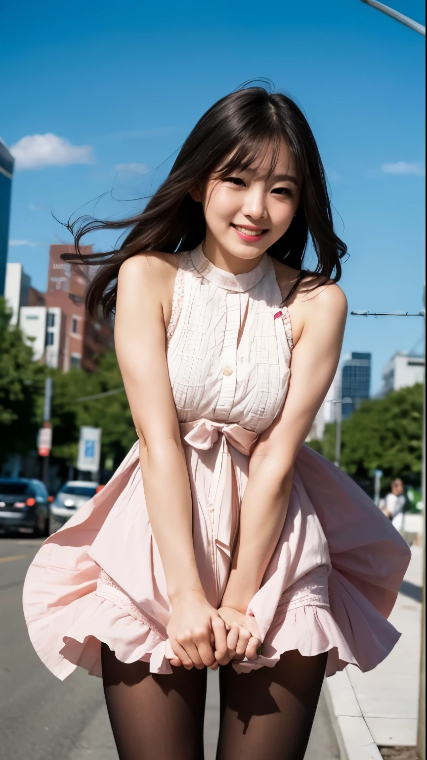 Urzan-6500-v1.1, (Genuine:1.4), (masterpiece), (Highest quality, 8k, 32K, masterpiece:1.2),Beautiful Japanese Women Photos,(Sad Smile,blush:1.1),Looking at the audience,(A beautifully detailed dress skirt:1.2),Leg Details,(Spread your legs:0.9),(Lace panties:0.9),(Ultra-realistic pantyhose:1.2),(Wind power increase:1.6), whole body,the wind is strong,city,Outdoor