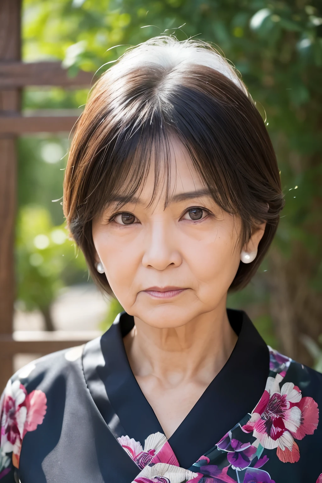 Generate an image of an elderly Japanese woman in her late 70s to 80s with a fuller, slightly overweight body type. She has a round face with deep wrinkles and age spots, giving her a wise and experienced appearance. Her hair is extremely short, styled in a very masculine, almost buzz-cut manner, with dark brown and gray streaks, cut closely to the scalp, emphasizing a no-nonsense, practical look. She is wearing a modest, formal black blouse with subtle floral patterns, which adds to her authoritative and dignified presence. Her skin is tanned and shows significant signs of aging, including sagging and deep lines. Her expression is stern and intense, with a furrowed brow and sharp, piercing eyes that reflect the demeanor of a strict and respected fortune teller, much like the iconic look of Kazuko Hosoki in her later years