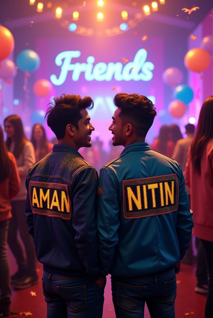 A lively party scene with two mans enjoying themselves, wearing jackets with their names on them—'Aman' on one and 'Nitin' on the other. In the background, the word 'Friends' is prominently displayed in bold, festive letters, capturing the spirit of friendship and celebration in this vibrant 3D setting