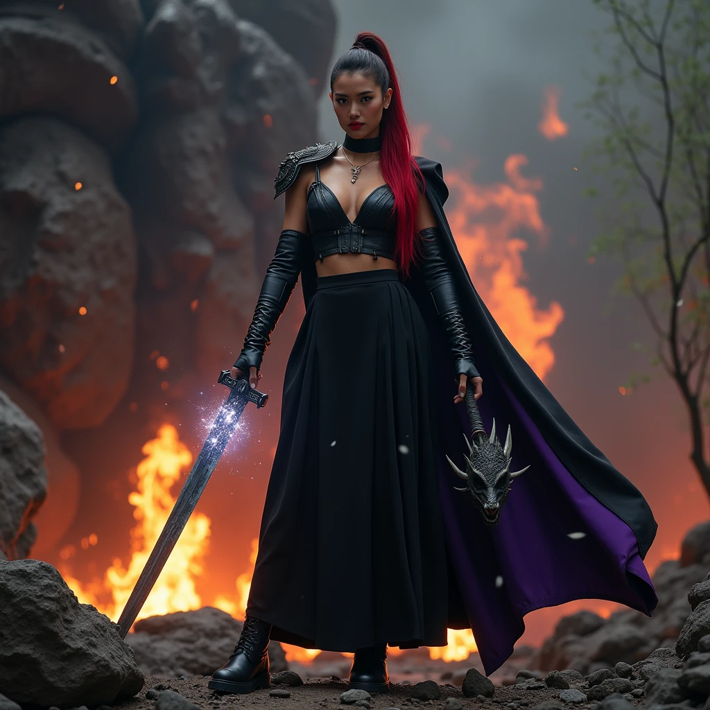 Créé une image Haute qualité 4k avec le personnage de Natasha Liu Bordizzo, elle est coiffé d’une longue queu de cheval, ses cheveux sont brun avec des meches rouge, elle est habillée d’une jupe noir volante avec des bottes montante, elle a un haut noir en decolleter en V faisant apparaître ses seins, elle porte une large epaulette sur l’epaule gauche et cape violete et noir qui flotte dans le vent, elle tiens dans la main droite une longue épée qui fait des etincelle sur le sol, elle porte un chapeaux haut de forme violet, dans la main gauche elle tiens une tête de dragon, elle se trouve dans un decore rocheux et sombre et des flamme brulle des arbres et derrière Natasha Liu Bordizzo ce trouve le cadavre d’un grand dragon sans tête 
