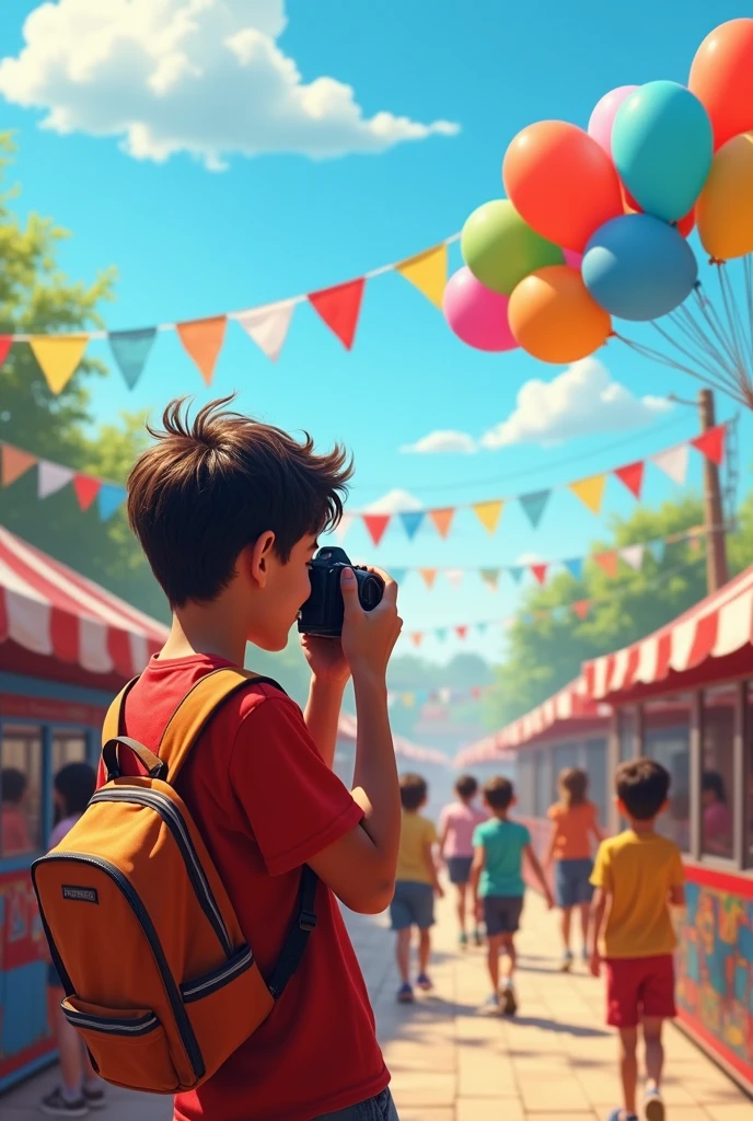 for a comic:
Viñeta 1:
Description: The school fair is full of life. luca Fernández, with his camera in hand, take photos of the events.
Dialogue:
luca(Thinking): "I will capture every special moment of the fair"