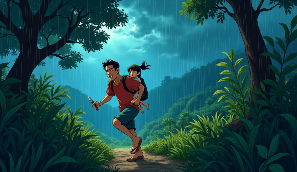 cartoon, a Vietnamese rural bushy narrow junger, thickset, densely wooded with the thunder, so dark, heavy raining, the man, sad father carrying daughter on his back,  a knife in his hand, run very farst , in the style of colorful prisma, erased and obscured, iconic album covers, photography, 50mm