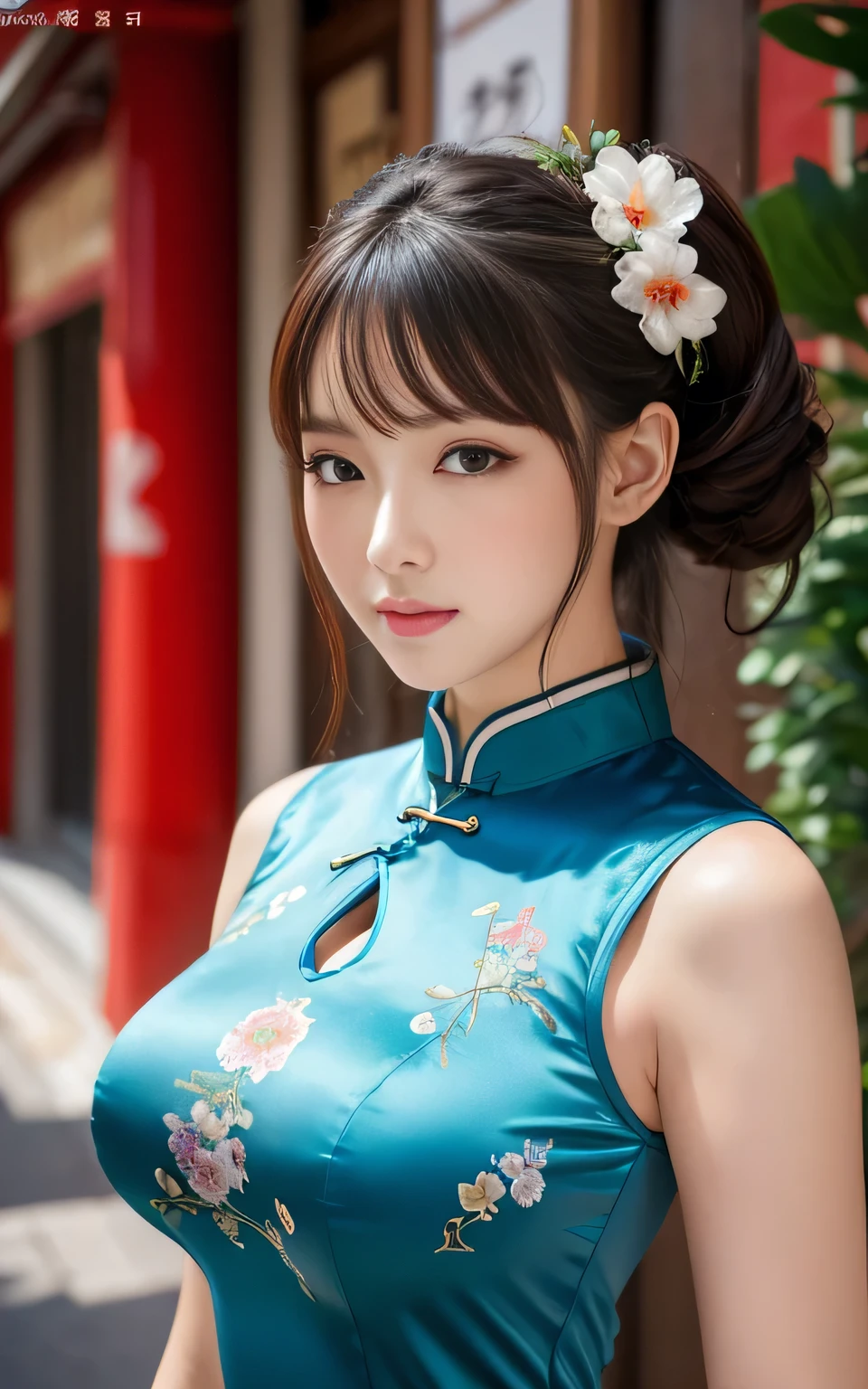 Beauty, high quality, Complete, In detail, High resolution, 8k wallpaper, whole body, Perfect dynamic composition, Beautiful attention to detail, Random sexy poses, large breasts, Charm, Alluring, 20 year's old, round face, Cheongsam