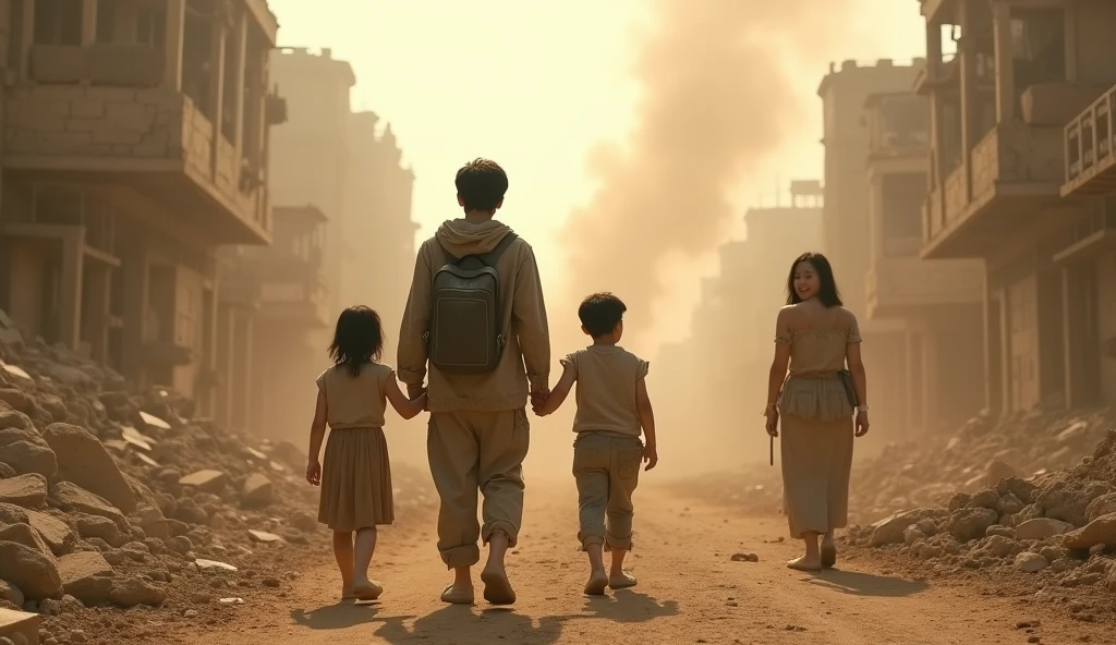 Low angle shot from behind of a korean , approaching his father, mother, and seven year old brother who are smiling at him, apocalypse survivors clothing, happy moment, on the ruin of a city, sand cloud, heat, hazy, rubles, debris, desaturated color, low contrast, cinematic
