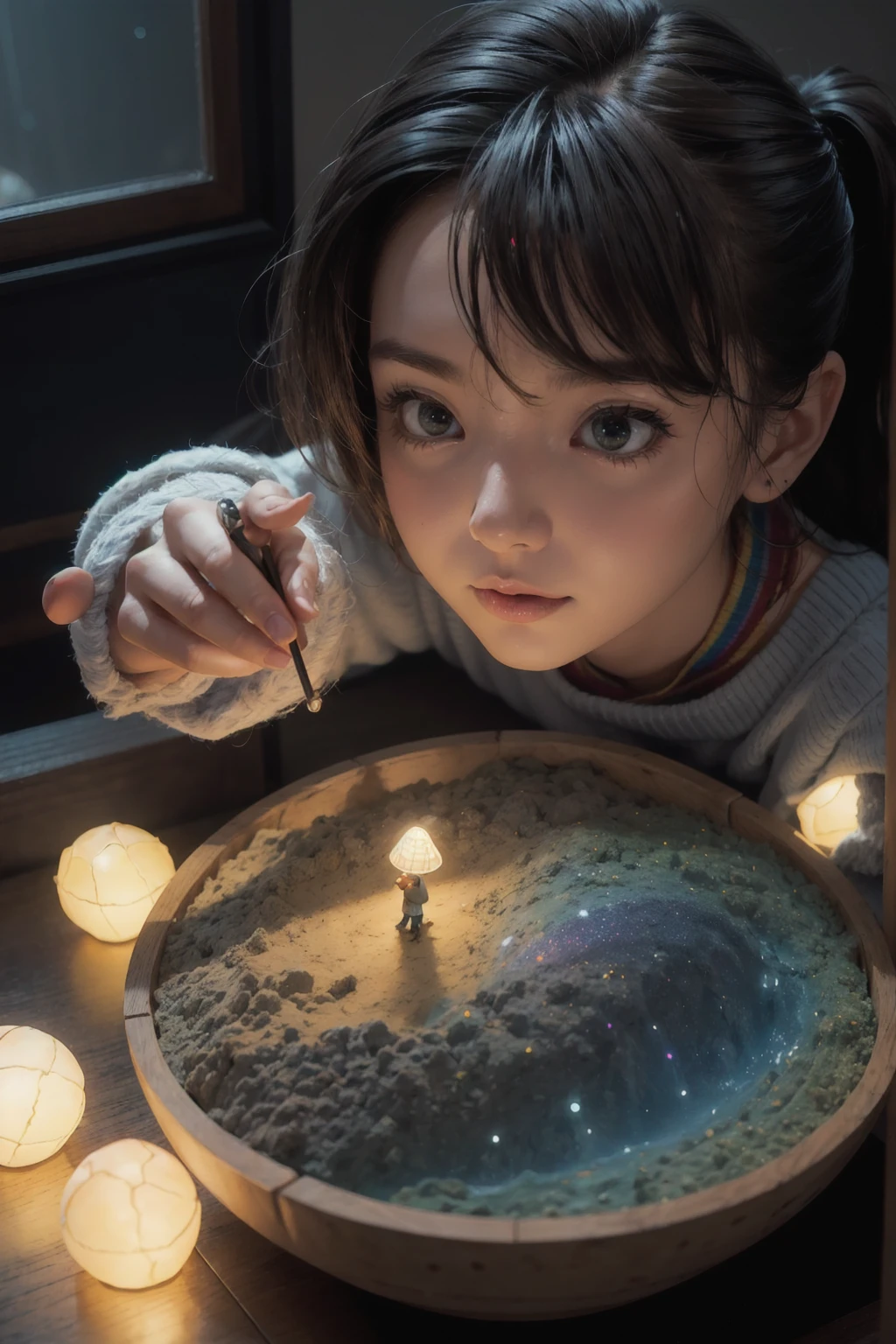(Pixar Style),Model of a cozy small room, Miniature figure model, Light source from right to left, Lumbrandt Lighting, Light source from right to left, (Isometric projection), (top down), Realistic scale, Post-processing, ((Orthogonal Viewpoint)), Super Detail, Realistic, super Realistic, Realistic render, Rainbow colors, Glitter