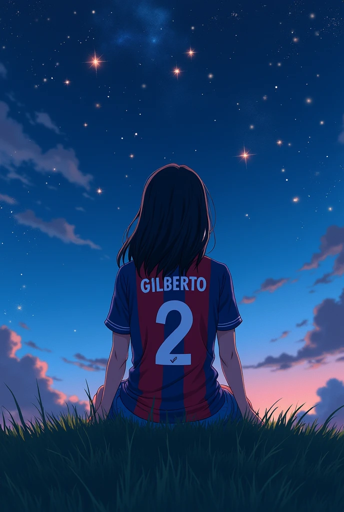High quality photography, The 19-year-old girl has the name Gilberto on her back with the number 2 below., Soccer Shirt The girl is with her back turned and is sitting in the night watching the stars Anime drawing,