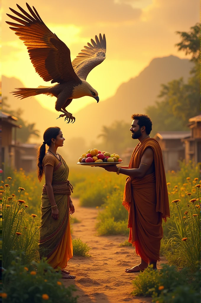 Raghur stands in his village, now flourishing again, with Garuda by his side. Raghur is expressing his gratitude, perhaps by offering Garuda some food. Garuda looks at Raghur with a knowing gaze before spreading his wings to fly away. The scene is warm, with the setting sun casting a golden light over both friends.