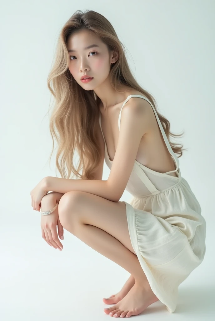 Super beautiful Chinese female model, thin, fair skin, very long light flaxen hair with a little wavy texture in her hair, wearing a white suspender gauze skirt, squatting sideways on the ground, looking at the camera, her eyes empty and quiet, real Portrait style, ethereal and quiet atmosphere, white simple background, professional studio shooting, fashion magazine cover