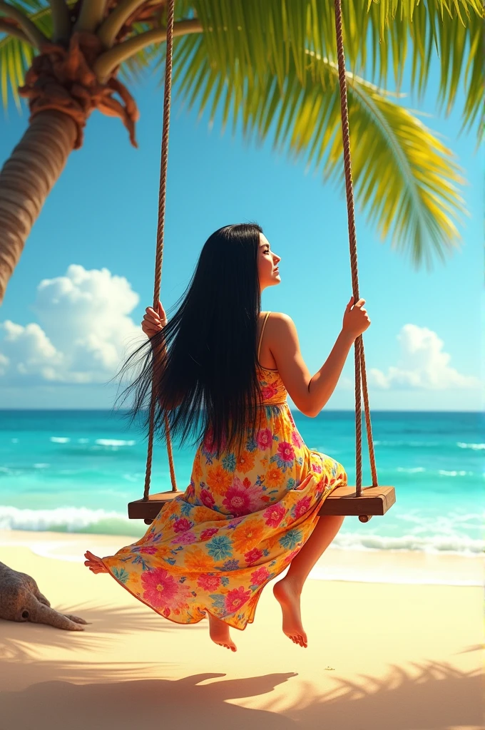 A tall, chubby, white woman with long, straight, black hair, honey-colored eyes, small mouth, wearing a floral dress, sitting on a swing on the beach. 