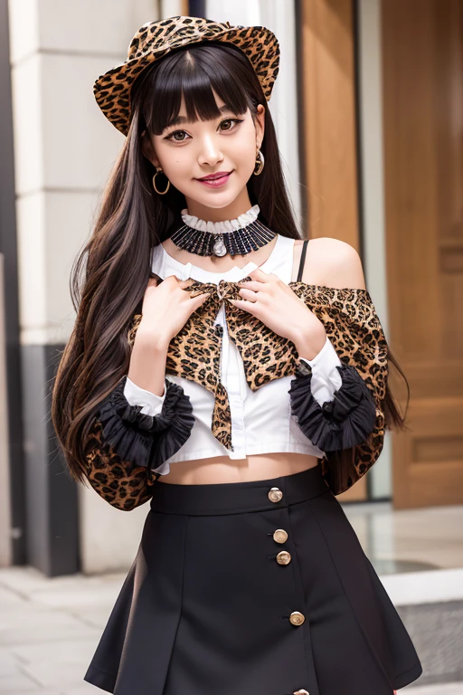 mayuzumi fuyuko, 1girl, solo, black hair, hat, jewelry, long hair, looking at viewer, bangs, earrings, skirt, white background, smile, shirt, simple background, heart earrings, long sleeves, heart, black headwear, black shirt, frilled choker, breasts, brown eyes, choker, blunt bangs, upper body, beret, medium breasts, brown skirt, frills, nail polish, ribbon, red nails, closed mouth, animal print, blush, frilled sleeves, leopard print, neck ribbon, own hands together