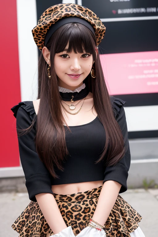 mayuzumi fuyuko, 1girl, solo, black hair, hat, jewelry, long hair, looking at viewer, bangs, earrings, skirt, white background, smile, shirt, simple background, heart earrings, long sleeves, heart, black headwear, black shirt, frilled choker, breasts, brown eyes, choker, blunt bangs, upper body, beret, medium breasts, brown skirt, frills, nail polish, ribbon, red nails, closed mouth, animal print, blush, frilled sleeves, leopard print, neck ribbon, own hands together