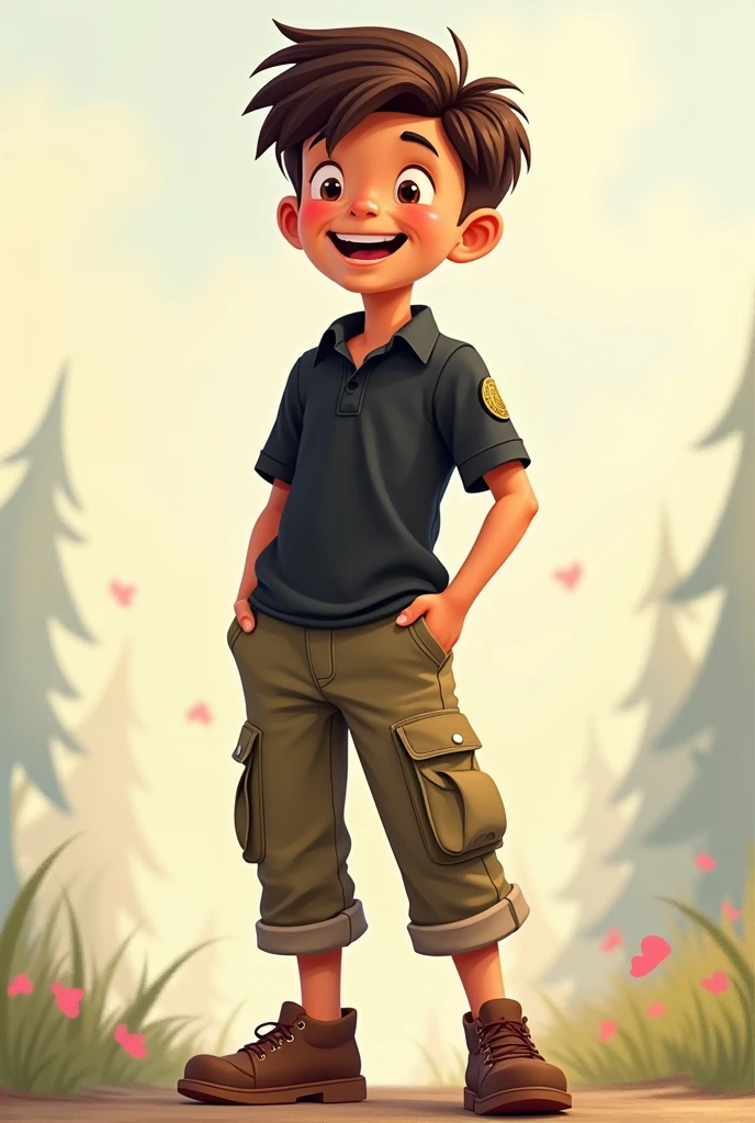 Boy Scout logo not with shorts but with military pants and a black polo shirt, animated image without a sharp background with some happiness
