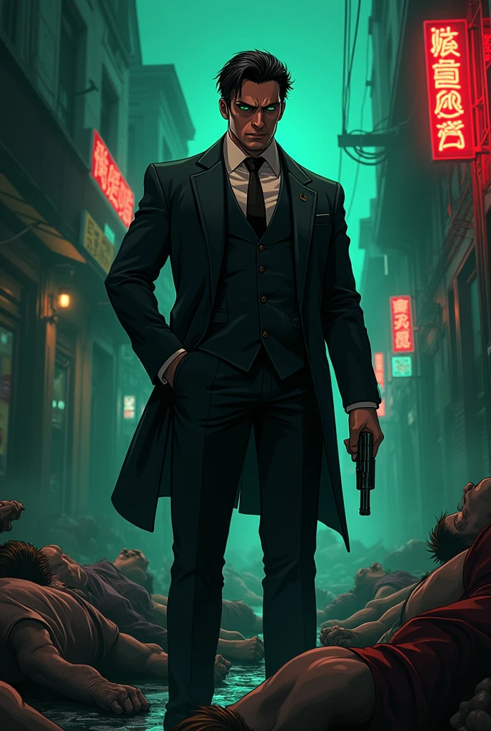 A mobster man in his 30s, Italian, green eyes, black hair, handsome and muscular, alpha dominant psychopath holding a gun with bodies around him of his victims. anime style