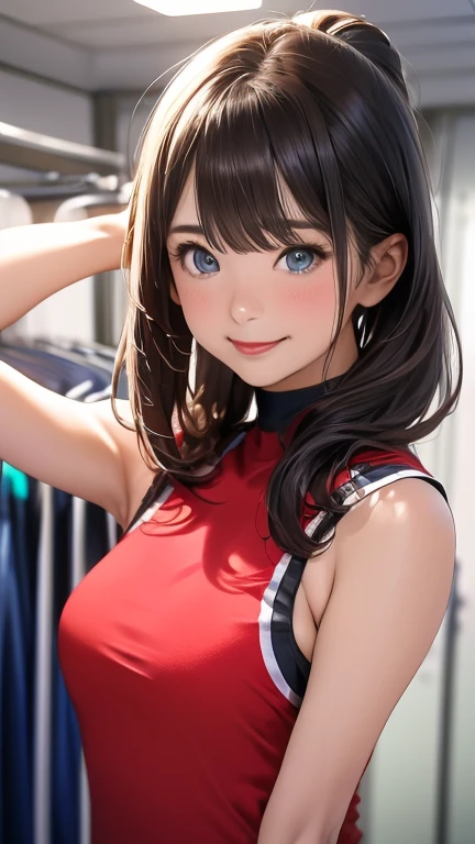 (Realistic:1.4), (masterpiece, Side light, Beautiful Eyes: 1.2), masterpiece*Portraiture, Realistic, 3D Face, Glowing Eyes, Shiny Hair, Glowing Skin, alone, Embarrassing, (upper abdomen), High resolution8k, Underarmのポーズ, Underarm, Underarm, Underarmを照らす光, masterpiece, Best image quality, High resolution, Underarmのしわ:1.5, ぬるぬるしたUnderarm, alone,  Black leotard, High ponytail hairstyles, locker room, Dressing Room, No good, Upper body only, Underarm Light, Laughter, smile, Brown eyes, Underarmの細かいシワ, リアルなUnderarm, 濡れたUnderarm, 光沢のあるUnderarm, オイルを塗った光沢のあるUnderarm, Stand up straight, Please put your hands up, Puberty, Sweaty face, Red lipstick, Athletics Stadium locker room, Underarmを見ている, I can see my belly button, (Natural skin texture and vivid details, Ultra-realistic)