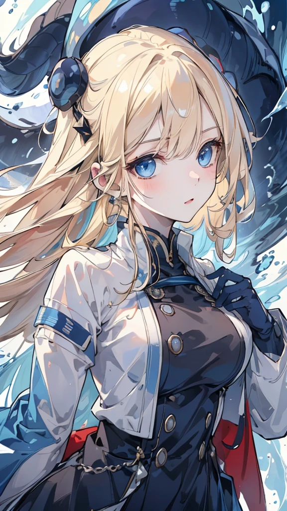 (best quality, ultra-detailed, realistic:1.37), (HDR, uhd), (studio lighting, sharp focus, professional), (portraits, アニメ),

A girl with blonde hair and blue eyes, detailed eyes, and pale skin,Black military uniform and navy blue windbreaker. Blue electric currents swirling around her body. A group of electric eels made of water flying around her.