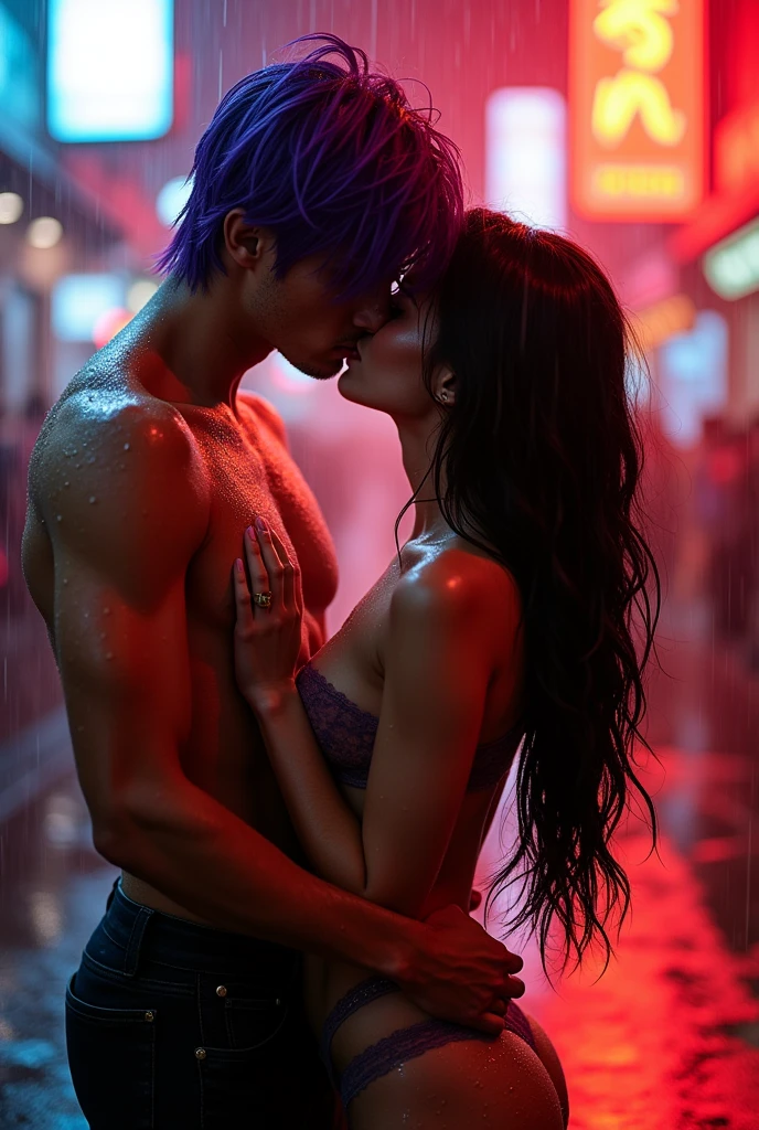 Japanese woman, purple haired man kissing brunette woman, black haired, both wearing small transparent lingerie, in the red coe, with wet bodies, sobre a chuva