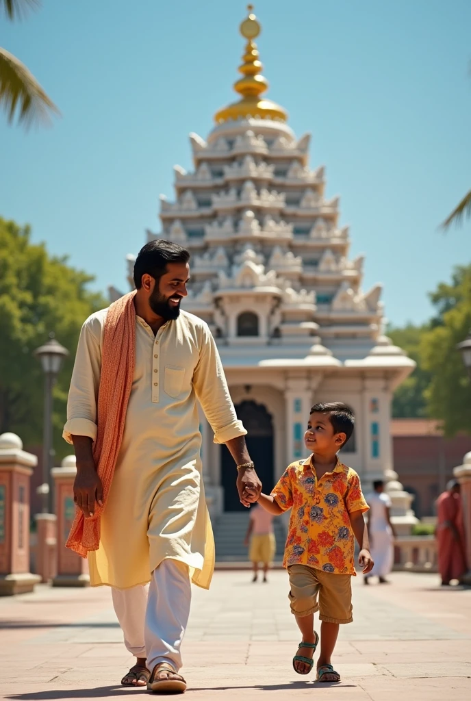 

An desi Indian father and son returning from a temple. And talking each other. Background a indian temple 