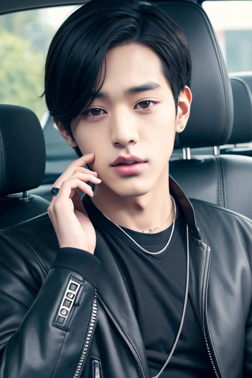 arafed man in a car with a black jacket and a cell phone, male ulzzang, jinyoung shin, jinyoung shin aesthetic, 1 7 -  - old  thin face, kim doyoung, wearing all black mempo mask, ulzzang, jungkook, boy has short black hair, cai xukun, kanliu666