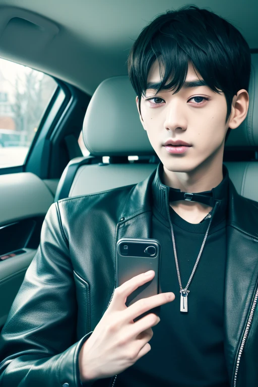 arafed man in a car with a black jacket and a cell phone, male ulzzang, jinyoung shin, jinyoung shin aesthetic, 1 7 -  - old  thin face, kim doyoung, wearing all black mempo mask, ulzzang, jungkook, boy has short black hair, cai xukun, kanliu666