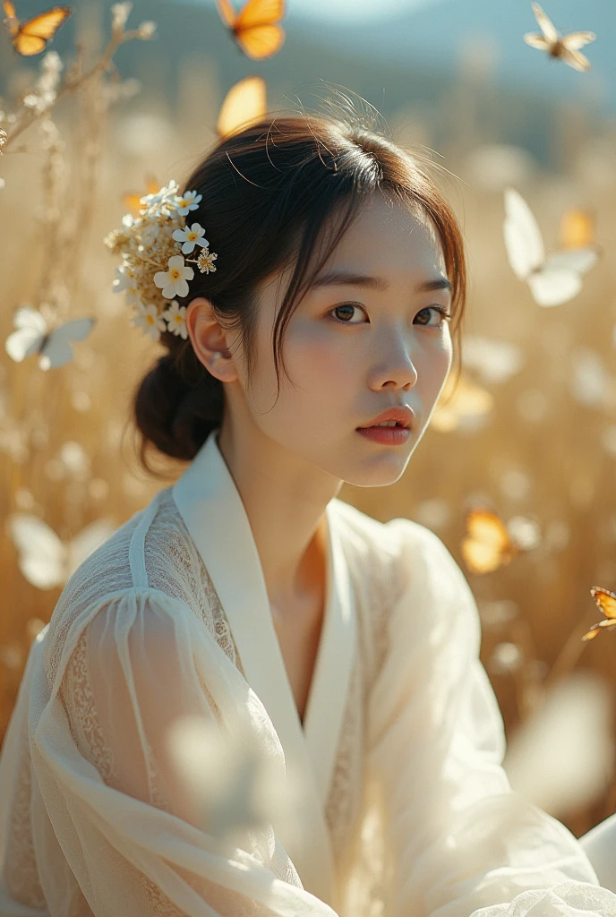 a normal Chinese girl sitting by butterflies, white and golden, intricate minimalism, close-up,super detail, dreamlike high photography,movie still. A riot of colour, shot on fujifilm X4