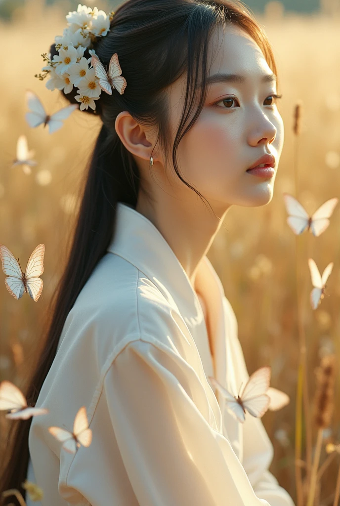 a normal Chinese girl sitting by butterflies, white and golden, intricate minimalism, close-up,super detail, dreamlike high photography,movie still. A riot of colour, shot on fujifilm X4