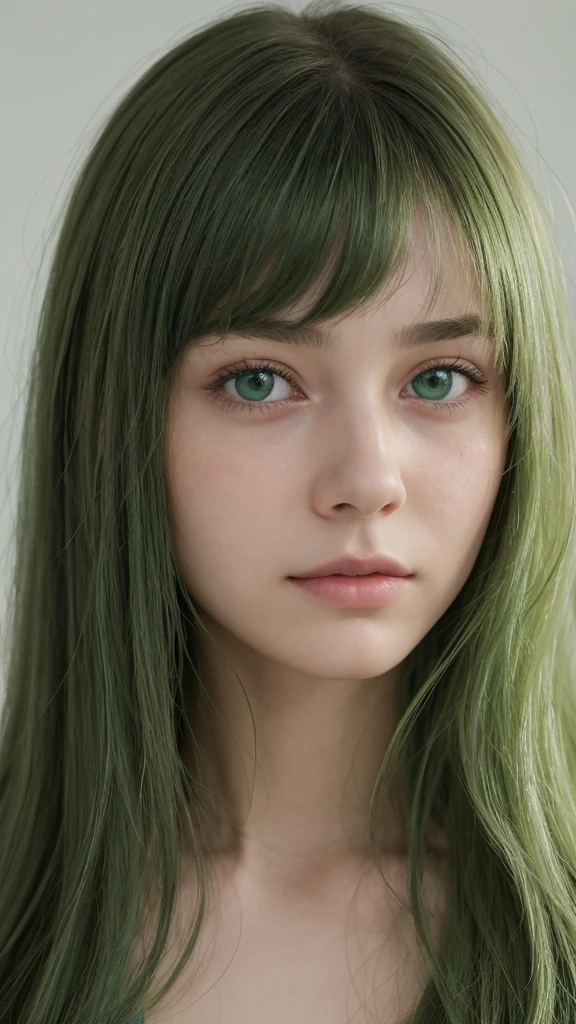 a girl. European. Extremely detailed face. Oval face. Delicate facial features. Half-closed eyes. Long straight hair. Messy hair. Bangs. Green hair. Green eyes. Lustful expression. sad mood. slight smile