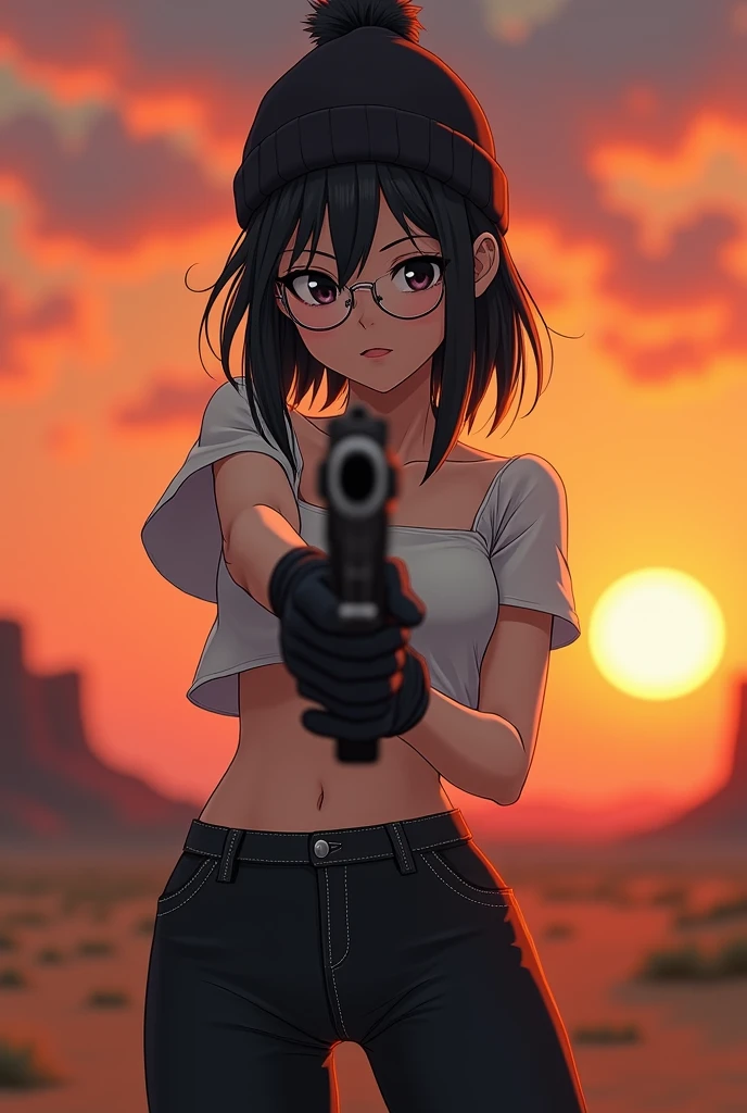 masterpiece, High quality CG, Japanese cartoons, illustration, best quality, 1 Girl, boundary, , Pretty Face, Delicate face, Cowboy shooting, Doka Ebi, 1 Girl, Solitary, Looking at the audience, Black Hair, Weaving, Glasses, Black Gloves, belt, Pants, black eyes, twin Weavings, Striped hair, Black headdress, Tights, black Pants, 圆形Glasses, black Tights, Beanie, hair behind ear,