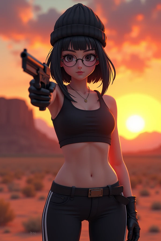 masterpiece, High quality CG, Japanese cartoons, illustration, best quality, 1 Girl, boundary, , Pretty Face, Delicate face, Cowboy shooting, Doka Ebi, 1 Girl, Solitary, Looking at the audience, Black Hair, Weaving, Glasses, Black Gloves, belt, Pants, black eyes, twin Weavings, Striped hair, Black headdress, Tights, black Pants, 圆形Glasses, black Tights, Beanie, hair behind ear,