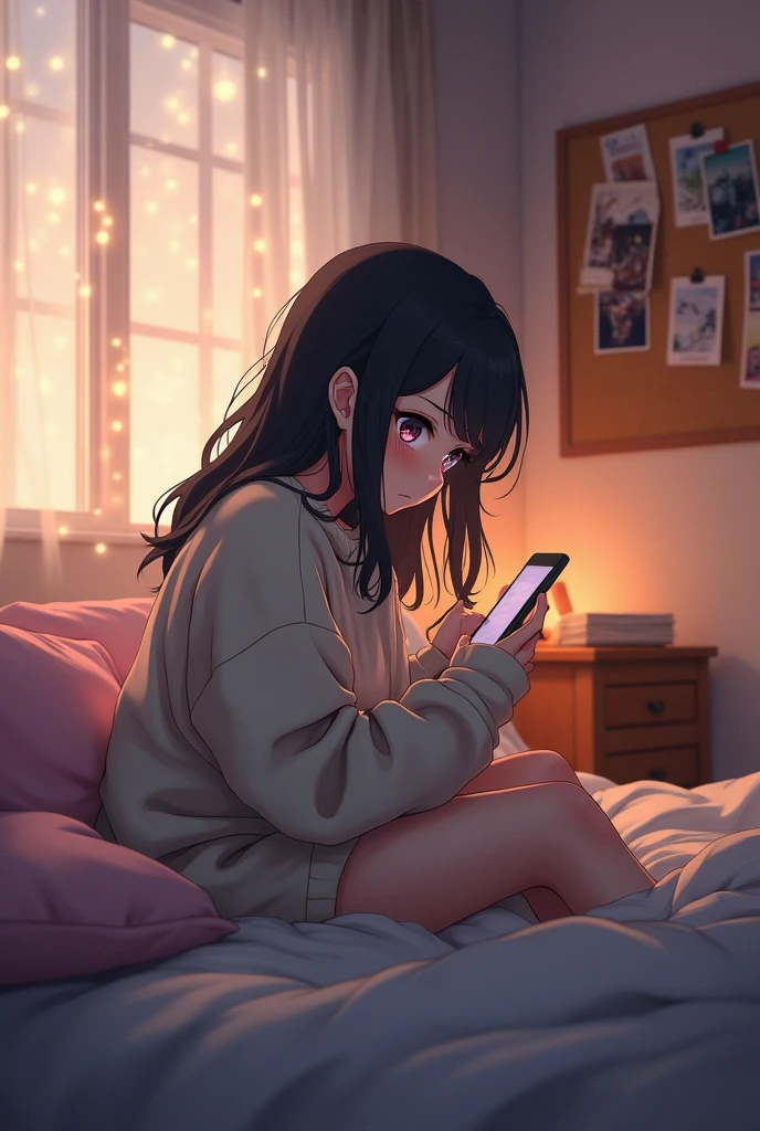 Anime sad girl play with phone in bedroom