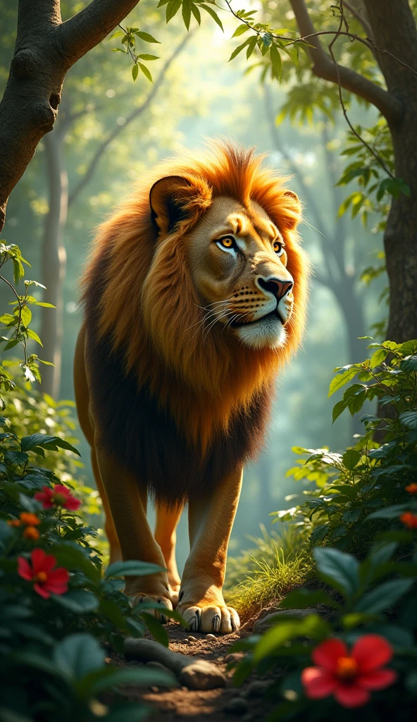 In the jungle, deep and green,
Lives a lion, strong and keen.