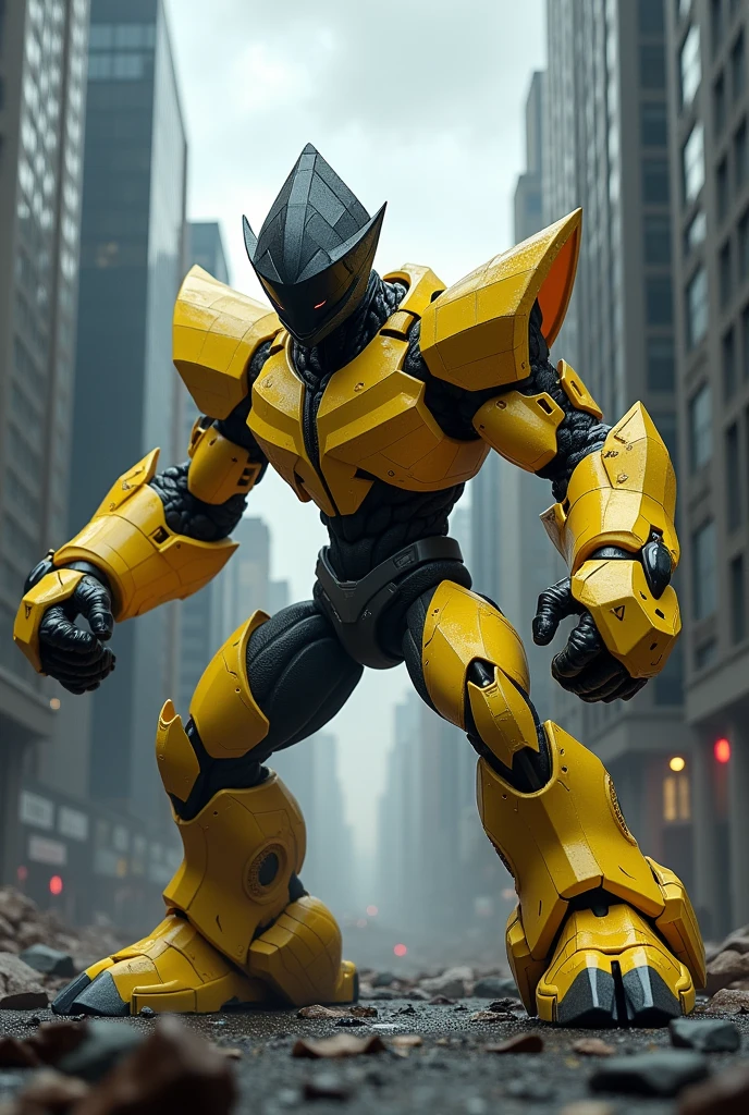 Character inspired by a diamond with yellow arms tinted with a little white on its arms a black diamond-shaped head wide yellow legs an athletic body with feet white eyes covered in black is a dangerous fighter side