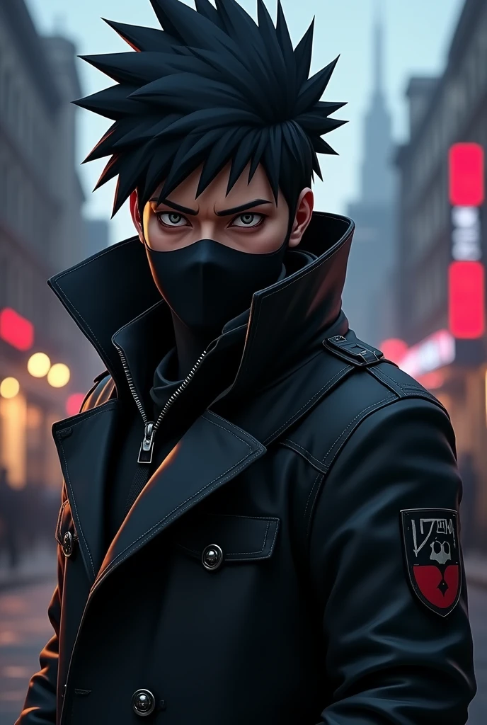 Generate an image of Kakashi hatake in Aiden Pearce's outfit from watch dogs but keep Hairstyle of Kakashi. Don't make him wear hat. Also don't keep the sharingan. Keep both the eyes normal and the hairstyle should be brownish black
