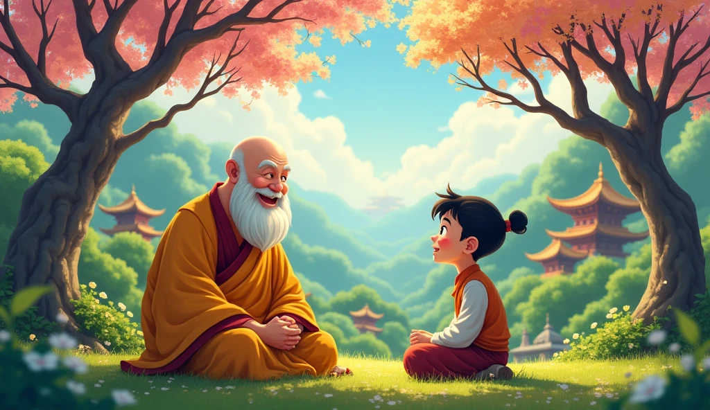 Old fat monk talking and standing with young monk student, beautiful garden, in anime style, trees, surrounded by temples,