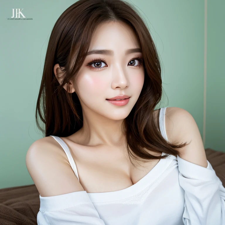 (Highest quality、8k、Best image quality、Award-winning works)、On the bed、Girl with hands in pants、Beautiful girl、Straight medium hair、Polyester shirt、(Big Breasts:1.1)、Accentuate your body lines、(The simplest solid color background:1.1)、(Perfectly fixed in front:1.2)、(Perfect horizontal frontal portrait of a woman:1.2)、Beautiful and detailed、Look at me and smile、(Face close-up:1.3)、(Turn around and look straight at me:1.1)、Elegant makeup、Ultra-high resolution beauty face、Ultra HD Hair、Ultra-high resolution sparkling eyes、Super high quality glossy lip、Accurate anatomy、Very beautiful skin、Ultra-high resolution, Glowing Skin、