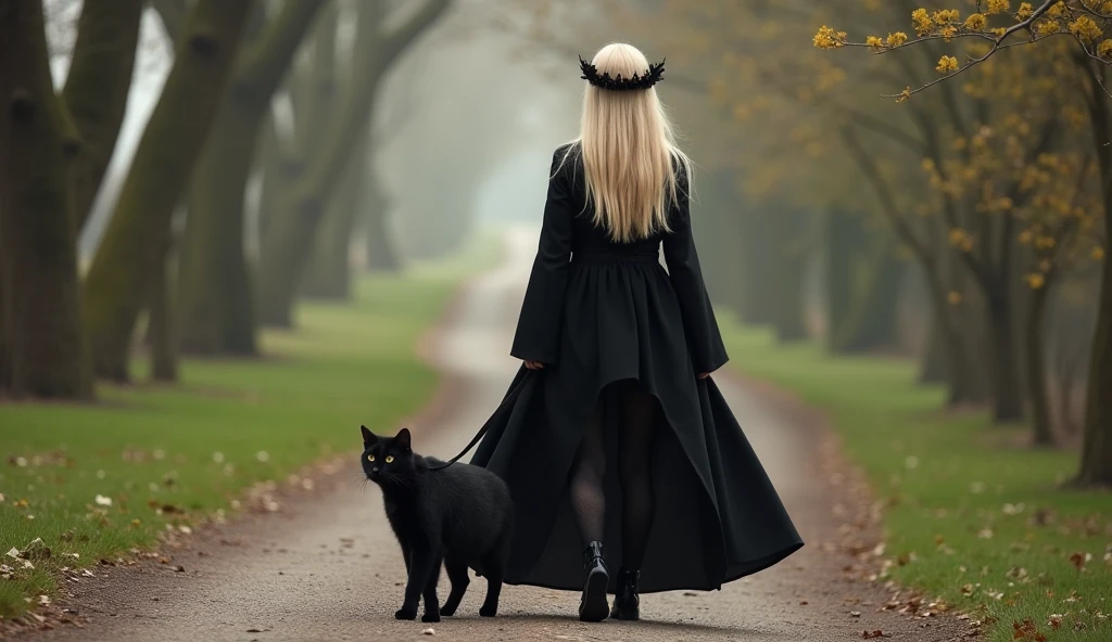 Spring. Beautifull blonde satanist girl walking with black cat