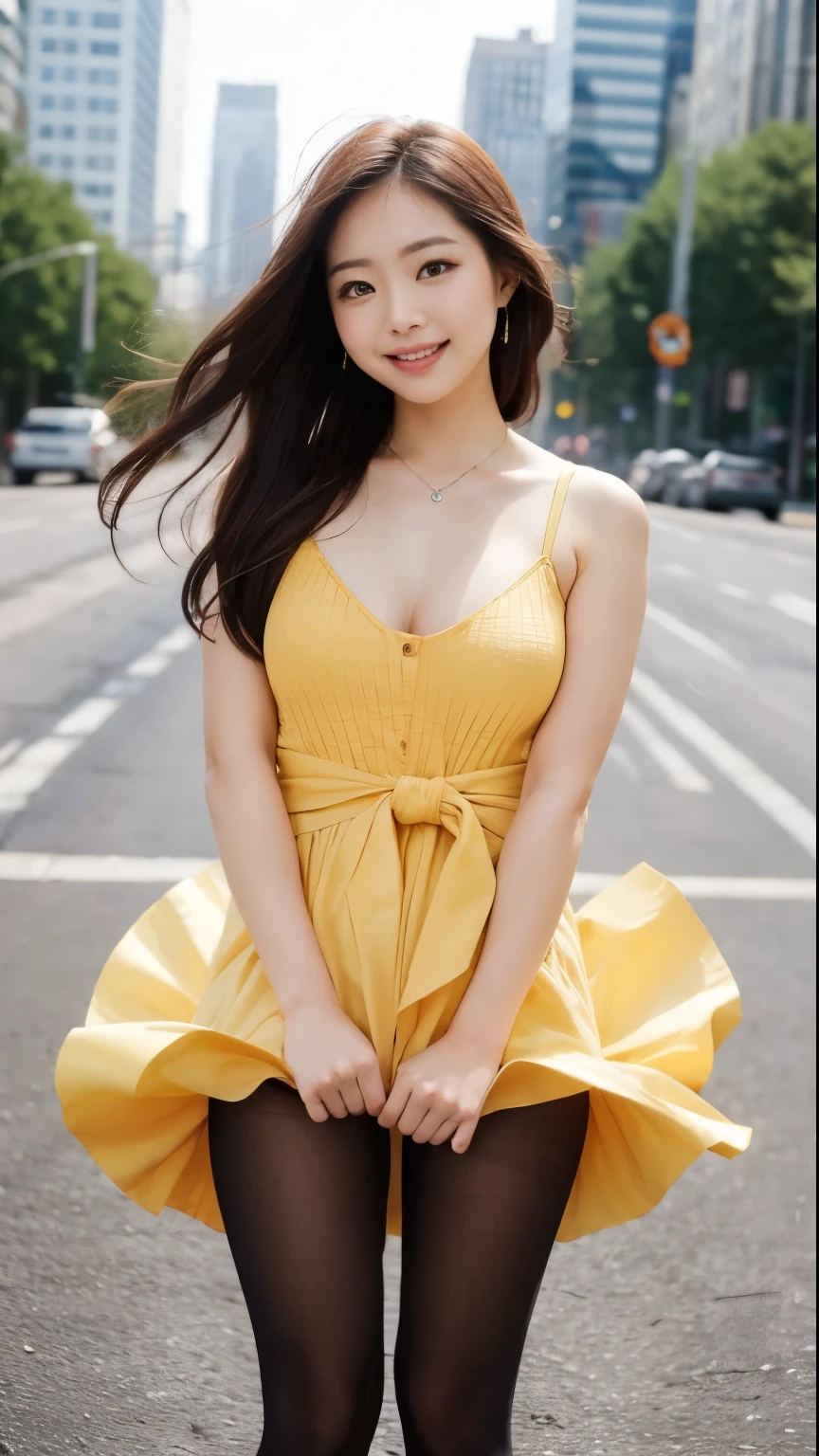 (highest quality, 8k, 32k, masterpiece, Hmm.:1.2),Beautiful Japanese Women Photos,(Sad Smile,blush:1.1),Looking at the audience,(Beautifully detailed dress skirt:1.2),Leg Details,(Spread your legs:0.9),(Lace panties:0.9),(Wind lift:1.6), whole body,{that'the wind is strong,city,Outdoor}
