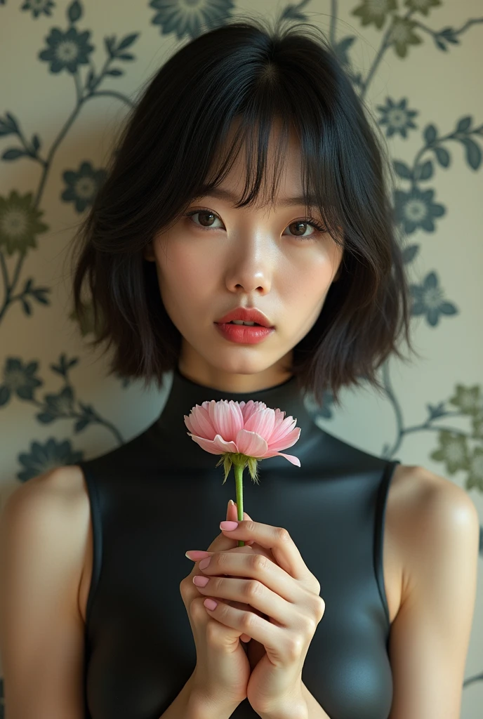 editorial photography,super detailed background,Super realistic,double exposure,depth of field,asian beauty super skinny vides,soft focus tone,narrative scene,Wabi-Sabi wallpaper,open Crimson lips,narrow eyes,For entertainment matte rubber bodysuit,super short bob-cut hairstyle,baby face,Portrait photo of a woman with a single flower,