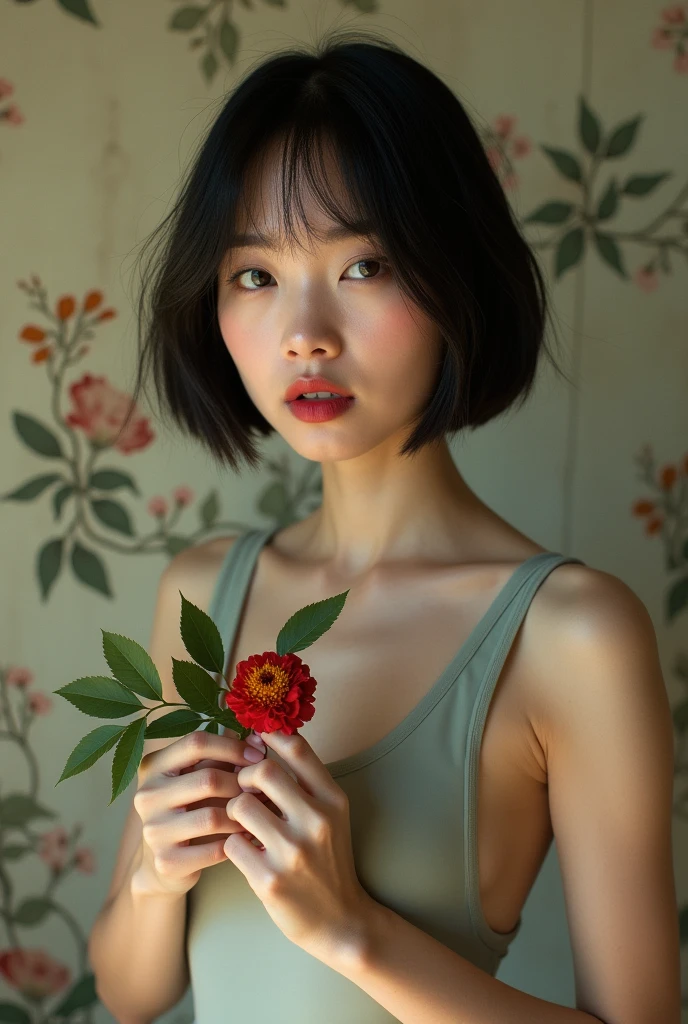 editorial photography,super detailed background,Super realistic,double exposure,depth of field,asian beauty super skinny vides,soft focus tone,narrative scene,Wabi-Sabi wallpaper,open Crimson lips,narrow eyes,For entertainment matte rubber bodysuit,super short bob-cut hairstyle,baby face,Portrait photo of a woman with a single flower,