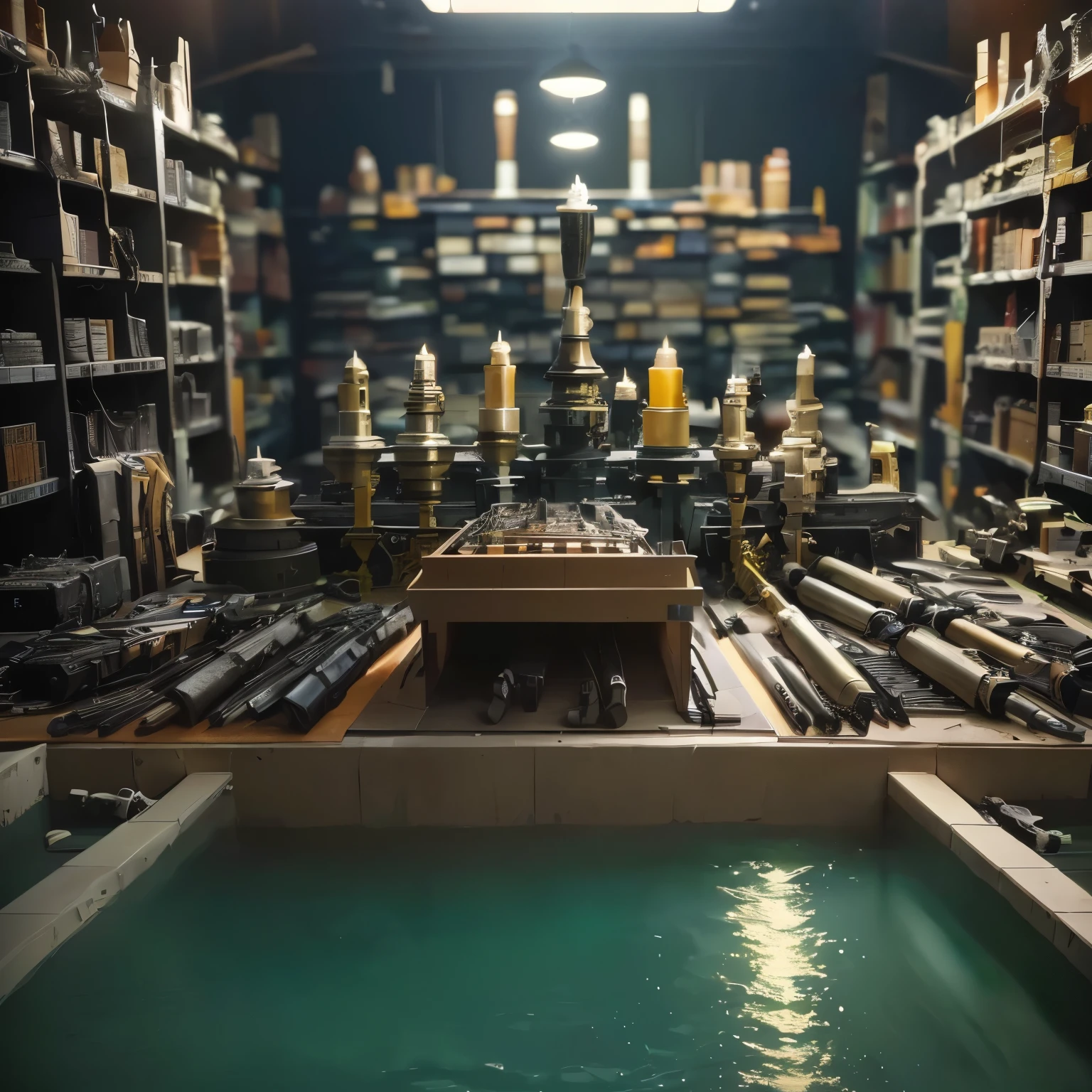 There&#39;s a bunch of bullet shells in there., , In an old weapons store warehouse，Armory，Very detailed,There is a pool below，Armory