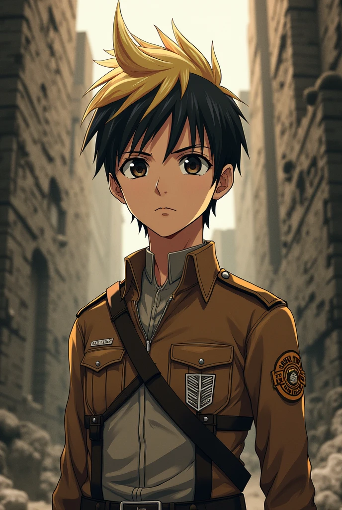 man, young short hair and raised, mohawk style hair, blonde tips but black roots, serious expression, thick eyebrows, big black eyes, delgado, white, in the style of Attack on Titan anime, with the attack on titan uniform 