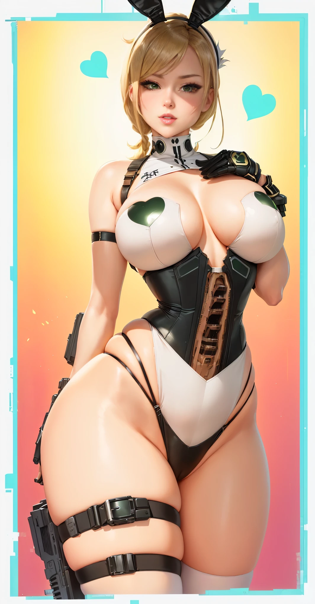 a cartoon picture of a woman in a bunny outfit with a gun, oppai, anya from spy x family, oppai cyberpunk, top rated on pixiv, commission for high res, sfw version, biomechanical oppai, thicc, tifa lockhart, tifa, makoto, blond hair, green eyes