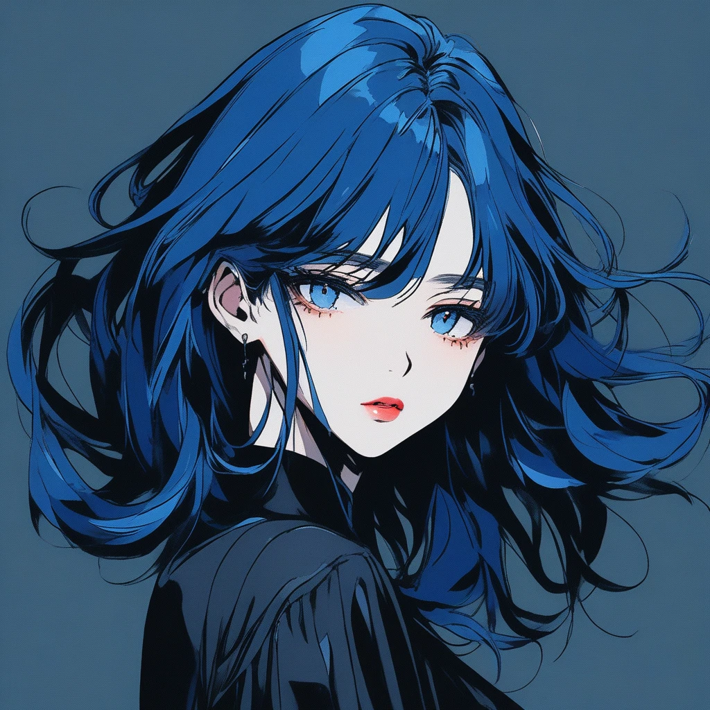 Illustrator, anime , Realistic ,sketch , 1 person, ,lip,Album artwork,order,Texture Trim, (masterpiece,Highest quality) Dark background, Black and marine blue hair,Texture Trim, (masterpiece,Highest quality) ,whole body