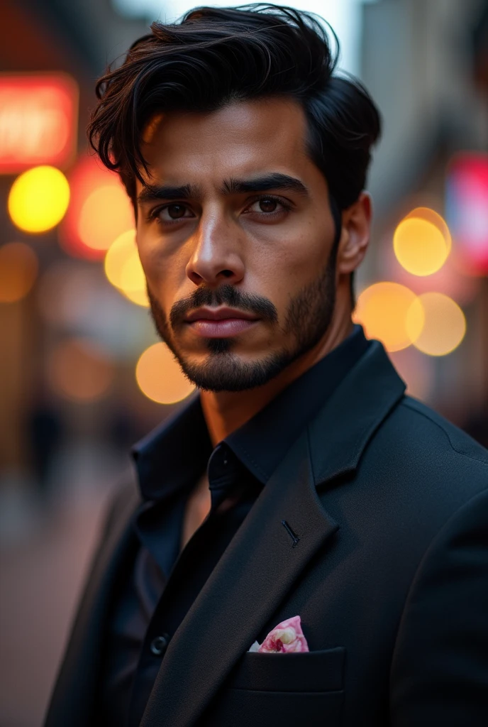 (Photorealism:1.2), LEANDRO DOS SANTOS Mexican 24 years old Light dark complexion Growing beard Drawn eyes Hazel Dark brown hair with a few strands falling on his forehead, short hair well-defined muscles 1m78 full lips suit
