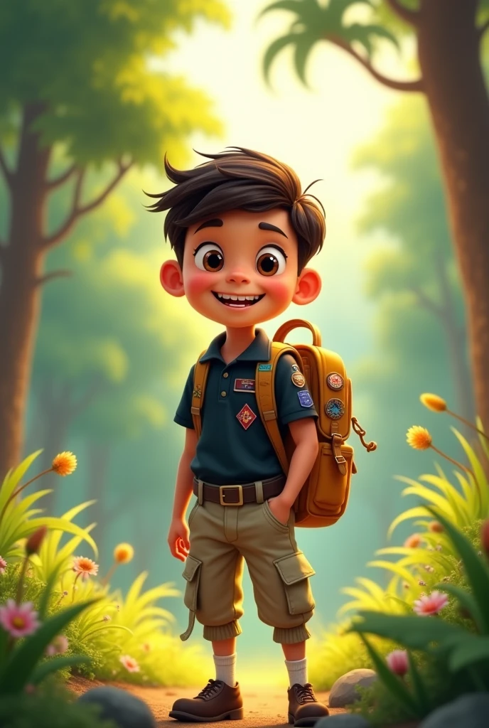Boy Scout logo not with shorts but with military pants and a black polo shirt, sharp animated image with some bottomless happiness and his backpack 