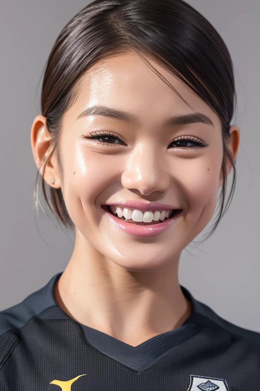 (grey background:1.5, close shot:1), (photorealistic:1.4), (best quality:1.0), (ultra highres:1.0), 8k, RAW photo, (masterpiece:0.2), 1girl, beautiful skin, detailed skin, big smile, teeth, (short hair:1), (soccer uniform:1.2)